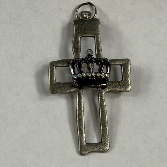 Silver Tone Metal Cross Pendant With Rhinestone Crown Embellishment for Necklace - Picture 14 of 15
